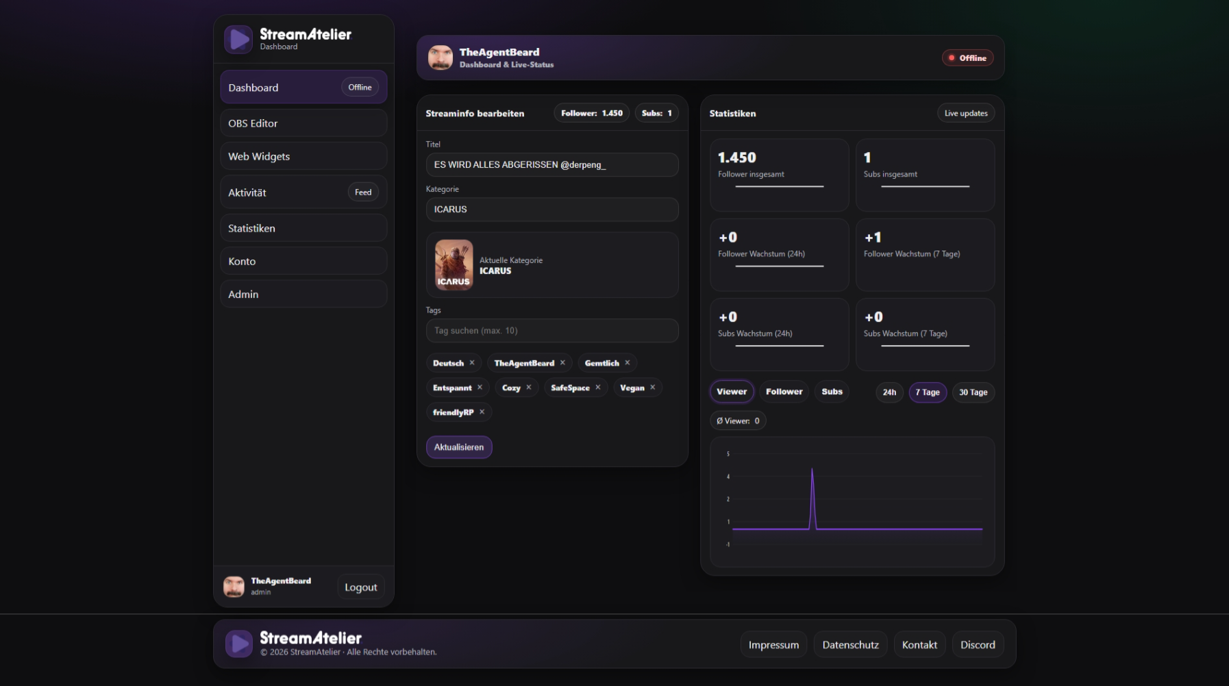 StreamAtelier Dashboard Vorschau